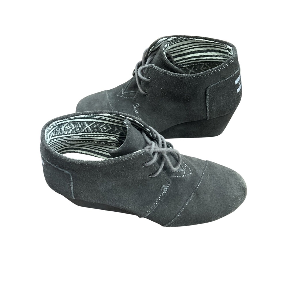 TOMS Wedge Ankle Booties Womens 9.5 Gray Suede Lace Up Boho Casual